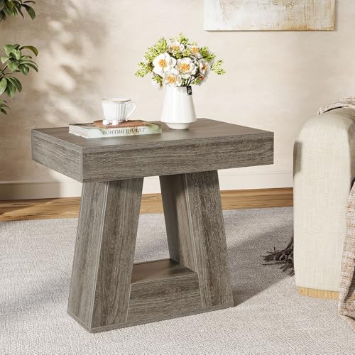 Tribesigns 24" Modern Side Table, 2-Tier Narrow Wooden End Table with Trapezoid Base, Farmhouse Small Nightstand for Living Room, Bedroom (1, Gray) - color: Grey