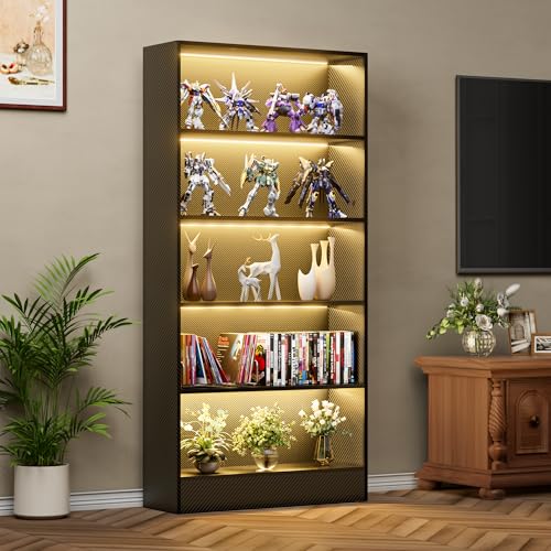 CODACE Tall Wooden 5-Tier Black Bookshelf - Display Cabinet with LED Lights | Lighted Book Shelves, Display Case for Collectibles, Manga ,Figures, Modern Bookcase for Bedroom, Living Room, Gaming room - size: 5 Tiers - 10.2"D x 27.5"W x 65"H