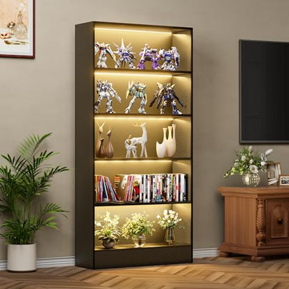 CODACE Tall Wooden 5-Tier Black Bookshelf - Display Cabinet with LED Lights | Lighted Book Shelves, Display Case for Collectibles, Manga ,Figures, Modern Bookcase for Bedroom, Living Room, Gaming room - size: 5 Tiers - 10.2"D x 27.5"W x 65"H