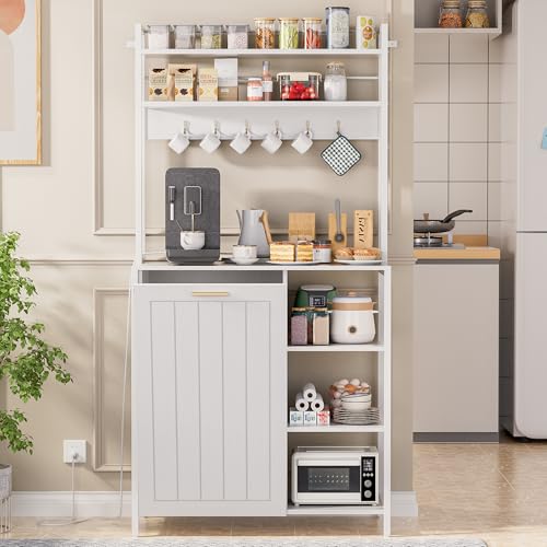 Kitchen Bakers Rack with Storage Shelf - 6-Tier Microwave Stand Oven Cabinet W/Tilting Trash Can Bin and Power Outlet, Farmhouse Thickened Coffee Bar Table Station W/6 Hooks&Adjustable feet - color: White