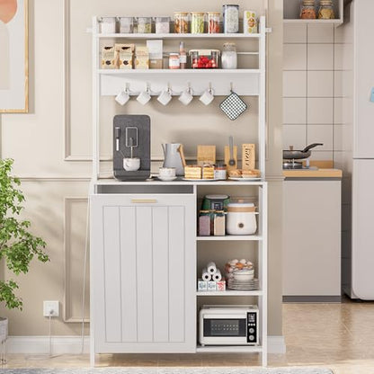 Kitchen Bakers Rack with Storage Shelf - 6-Tier Microwave Stand Oven Cabinet W/Tilting Trash Can Bin and Power Outlet, Farmhouse Thickened Coffee Bar Table Station W/6 Hooks&Adjustable feet - color: White