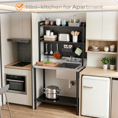 VINGLI 67'' 304 Stainless Steel Commercial Sink, Freestanding Utility Sink Table with Drainboard, Adjustable Shelves,Pegboard for Hanging Tools, Heavy Duty Prep Sink for Kitchen Garage Laundry Room