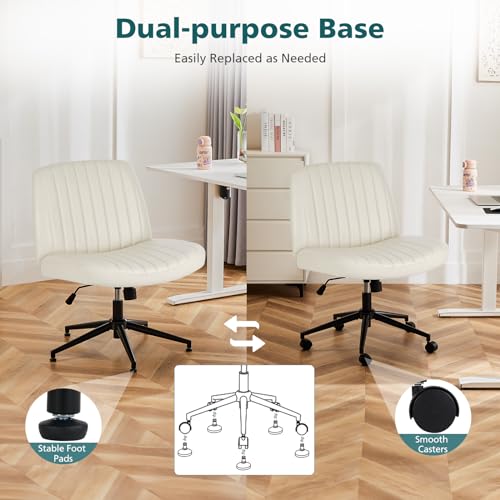 OLIXIS Criss Cross Chair with Wheels, Vanity Chair, Home Office Desk | Wide Seat Armless, Faux Leather, Height Adjustable Swivel Rolling, Home Computer Task Seating for Bedroom Study, Beige PU - color: Beige Pu