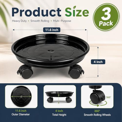 Fasmov 3 Pcs Plant Pallet Caddy Plant Stand Round Flower Pot Mover, Plant Pot Pallet Dolly Caster with Universal Wheels (Black) - color: Black