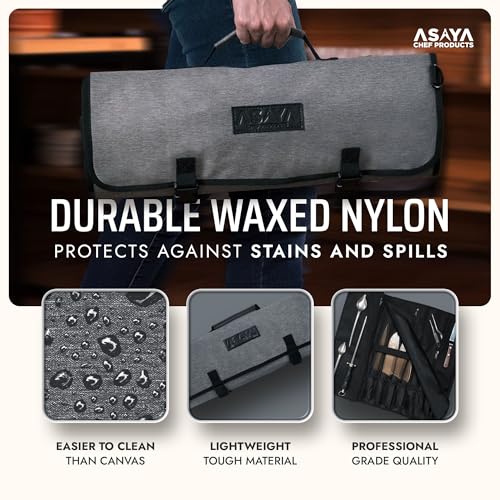 Asaya Waxed Nylon Chef Knife Roll Bag with 20 Slots and Zippered Pockets - Professional Chef Knife Bag & Storage Case, Tool Carrier with Shoulder Strap - Knives Not Included (Grey) - color: Gray