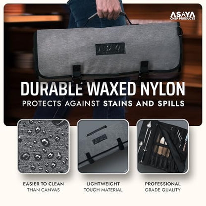 Asaya Waxed Nylon Chef Knife Roll Bag with 20 Slots and Zippered Pockets - Professional Chef Knife Bag & Storage Case, Tool Carrier with Shoulder Strap - Knives Not Included (Grey) - color: Gray