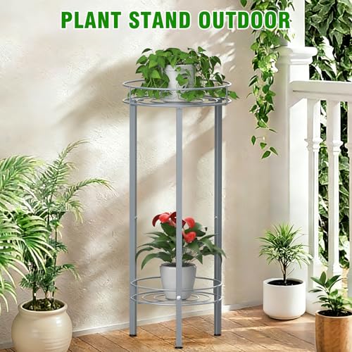 Sunexinlo Plant Stand Indoor 28in Tall,2 Pack Metal Planter Stand,2-Tier Decorative Round Flower Pot Table for Garden,Patio,Living Room,Corner,Office(Sliver)