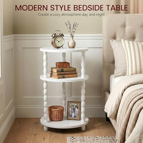 Small Round Side Table, 3-Tier Solid Wood End Table with Storage Shelf, Modern Bedside Tables Night Stand for Living Room, Bedroom, College Dorm, Small Space (White) - color: White