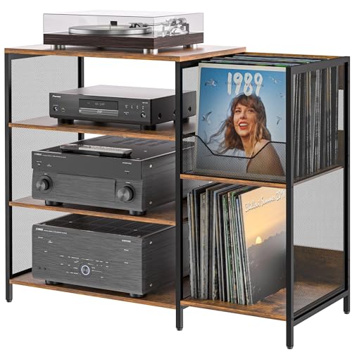 Cottage Charm Large Record Player Stand Table with Vinyl Record Holder Up to 150PCS, AV Media Stand Stereo Cabinet Shelf Rack Tower with Storage, Sturdy, Adjustable Feet, Rustic, Large Capacity