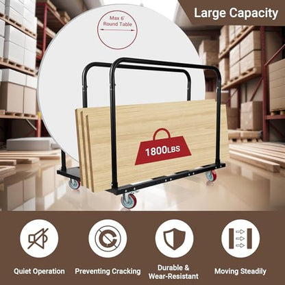 Folding Table Cart, Heavy Duty Drywall Dolly Cart 1800 LBS | Table Dolly w/ 5" PU Swivel Wheels, 10 Table Capacity for Party Events, Hotel, Factory, Warehouse, (45.6" L x 29" W x 39" H)