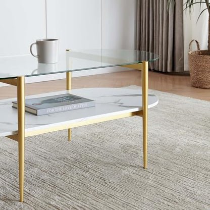 LumFurn Oval Coffee Table, Mid-Century Modern Design, L41 x W21 x H17 inch, for Living Room, Clear Glass Top, White Marble Finish Wood Shelf & Gold Finish Frame - color: Clear & White Marble, size: L41" Oval Coffee Table