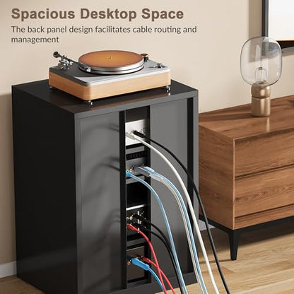 Metal Media Cabinet with 13-Color LED Lights, Stereo Cabinet with Glass Doors & Adjustable Shelves Audio AV Rack with Cable Management, Black - color: Black, style: FloorSeal + RGB Lights
