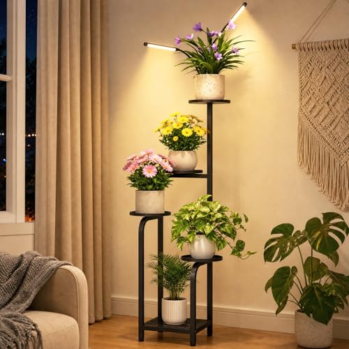 TOSKING 47" Tall 5-Tier Square Iron Plant Stand with Detachable Grow Light ,Heavy Duty Corner Flower Shelf for Indoor Use, Metal Pot Rack for Living Room, Bedroom, Office, Black - color: Black, size: 5Tier with Grow Light