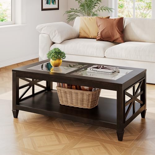 45.5"W Solid Wood 2-Tier Rectangle Coffee Table with Glass, Espresso | dual tempered glass, storage lower shelf, asterisk-shaped leg, rustic large center table, for living room, 45.5x26x19in - color: Black Walnut, size: 45.5"D x 26"W x 19"H