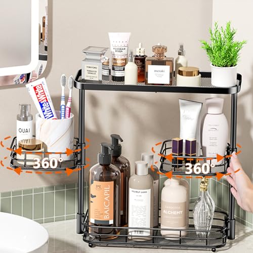 VITVITI 3 Tier Bathroom Organizer Countertop, Metal Wire Bathroom Counter Vanity Organizer Storage, Mesh Bath Room Sink Kitchen Shelf Rack with 360 Rotating Basket, Black - color: 3 Tier Rotating Black