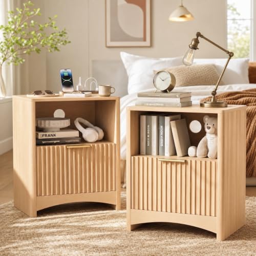 Marsail Fluted Nightstand Set of 2, Wooden Nightstands with Drawers, Modern Bedside Table with Charging Station and Storage, End Table with Storage Side Table for Bedroom, Oak - color: Oak