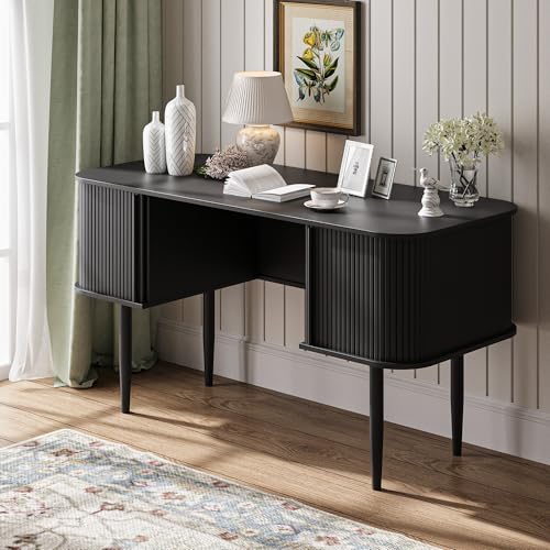 MAISONARIA 55" Modern Writing Desk with Storage, Wood Home Office Desk with Sliding Doors, Computer Desk for Home Office, Dorm, Living Room, Home Study Table, Black - color: Black