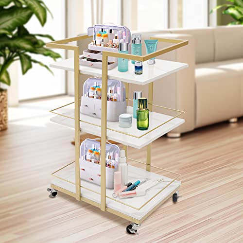Rolling Storage Cart 3-Tier Metal & Wood Utility Trolley with Locking Wheels, 55lbs Capacity - Nordic Style Multi-Purpose Organizer for Kitchen, Salon, Bathroom, White & Gold Space-Saving Bar Cart