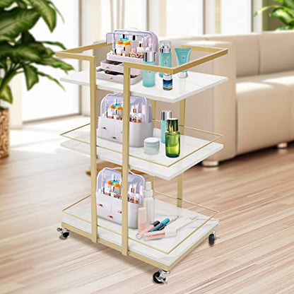 Rolling Storage Cart 3-Tier Metal & Wood Utility Trolley with Locking Wheels, 55lbs Capacity - Nordic Style Multi-Purpose Organizer for Kitchen, Salon, Bathroom, White & Gold Space-Saving Bar Cart