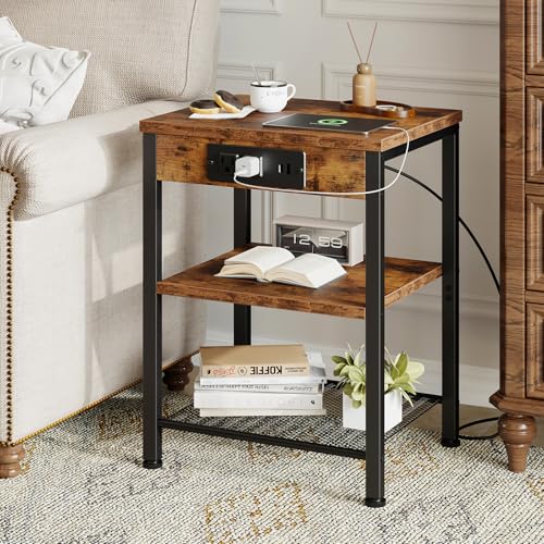 DUMOS 15.7" Small Side Table with Charging Station, End Table with Outlets & USB Ports, 3-Tier Adjustable Storage Nightstand for Living Room, Bedroom, Small Spaces, Record Player Stand, Rustic Brown - color: Rustic Brown, size: 11"D x 15"W x 21.7"H(withou