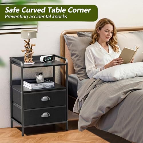 Night Stand Set 2, Nightstand with 2 Fabric Drawer, End Table with Open Shelf, Bedside Table Side Table with Wooden Top for Bedroom, Black - color: Black(2 Drawer), size: set of 2