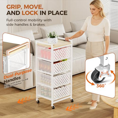 5 Tier Kitchen Storage Cart with Wheels, Utility Fruit Vegetable Storage Rack Stand with Pull-Out Baskets & Wood Top, Metal 4-Drawers Rolling Snack Cart, Kitchen Cart for Potato Onion(White) - color: White