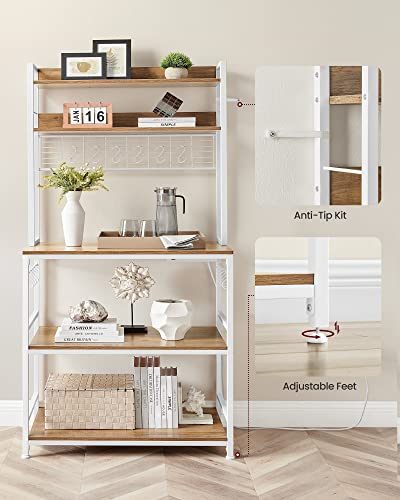 VASAGLE Bakers Rack with Power Outlet, Microwave Stand, Kitchen Tall Utility Storage Shelf, with Metal Wire Panel, 14 Hooks, 15.7 x 31.5 x 66.9 Inches, Rustic Walnut and Cloud White UKKS025W41 - color: Rustic Walnut + Cloud White, size: 31.5"W