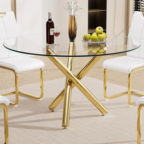 Round Glass Dining Room Table for 4 to 6 Person Modern Tempered Glass Top, Sturdy Chrome Legs, Adjustable Foot Pads, Kitchen Table for Living Room, Dining Room, Tea, Home, 47.24 Inch, Golden Base - color: Round Gold Base, size: 47.24 Inch
