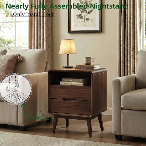Walnut Nightstand Solid Wood Night Stand, Dark Wood Nightstands with 2 Drawers & Open Shelf, Mid Century Modern Nightstand, Wooden Bedside Table for Bedroom(Dark Black Walnut,23.23" H) - color: Dark Walnut, style: 2 Drawer & Open Storage-1