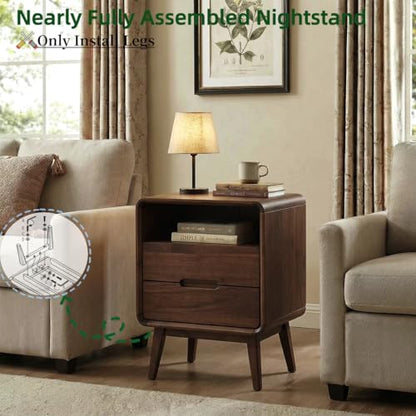 Walnut Nightstand Solid Wood Night Stand, Dark Wood Nightstands with 2 Drawers & Open Shelf, Mid Century Modern Nightstand, Wooden Bedside Table for Bedroom(Dark Black Walnut,23.23" H) - color: Dark Walnut, style: 2 Drawer & Open Storage-1