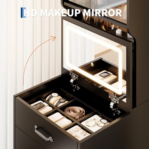 Garvee 3 in 1 Vanity Desk with 3 Color LED, Compact Makeup Vanity Set with 2 AC Outlets & USB, Dressing Table with Drawers & Acrylic Doors, Nightstand Vanity Mirror, Jewelry Box, Hidden Chair, Black - color: Black