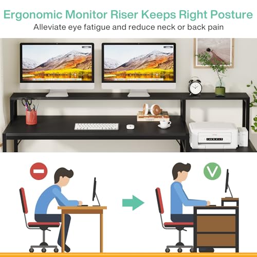Tribesigns 63 Inch Computer Desk with File Drawer Cabinet, Ergonomic Office Desk with Monitor Stand, Industrial Computer Table with Printer Space, Wood PC Table Workstation Desks for Home Office - color: Black
