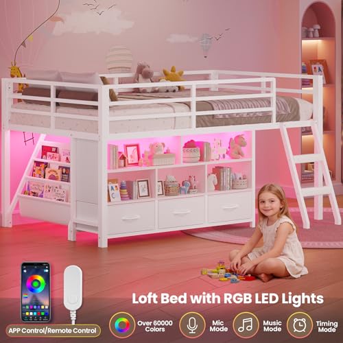 BTHFST Low Loft Bed Twin Size with 3 Storage Drawers, 3-Tier Kids Bookshelf, 5 Open Cubbies and 2 LED Lights Strips, Metal Kids Loft Bed with High Safety Guardrail, Inclined Ladder and Play Area - color: White