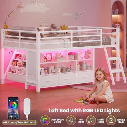 BTHFST Low Loft Bed Twin Size with 3 Storage Drawers, 3-Tier Kids Bookshelf, 5 Open Cubbies and 2 LED Lights Strips, Metal Kids Loft Bed with High Safety Guardrail, Inclined Ladder and Play Area - color: White