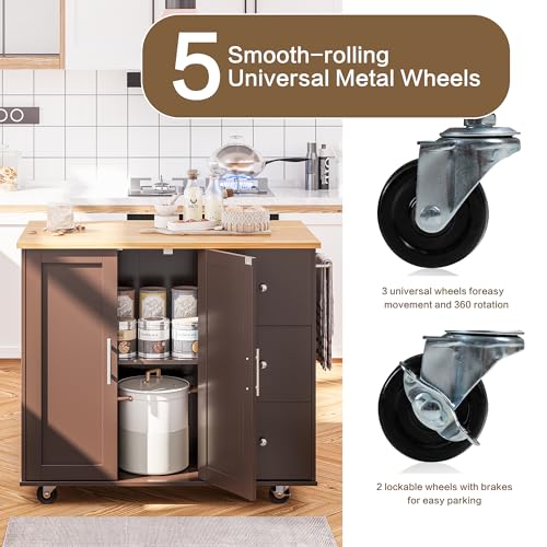 SUNLEI Kitchen Island with Storage Cabinet, Rolling Kitchen Table with Foldable Drop Leaf, Kitchen Island Cart on Wheels with Handle for Towel, Portable Islands for Kitchen (Brown, 39.7-INCH) - size: 39.7 INCH, style: Brown