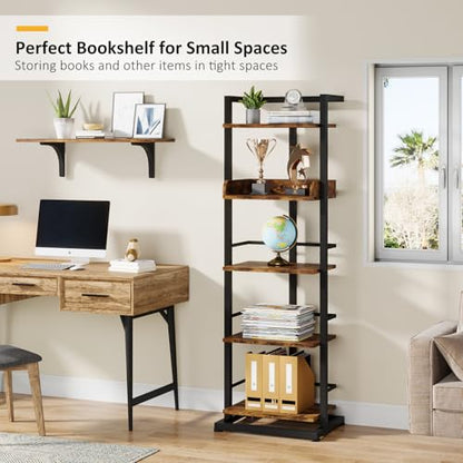 Hosfais Book Shelf Narrow Bookshelf: 5 Tier Wood Bookcase with Metal Edge Protection Industrial Modern Bookshelf Book Storage Organizer for Living Room Bedroom Home Office (Rustic Brown) - color: Brown