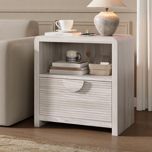 Fluted Nightstands Set of 2 with Charging Station, 23" Wide Wood Bedside Tables with Drawer and Open Compartment, Mid Century End Tables for Bedroom, Home Office, Gray Oak - color: Gray Oak, size: 2 pcs