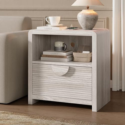 Fluted Nightstands Set of 2 with Charging Station, 23" Wide Wood Bedside Tables with Drawer and Open Compartment, Mid Century End Tables for Bedroom, Home Office, Gray Oak - color: Gray Oak, size: 2 pcs