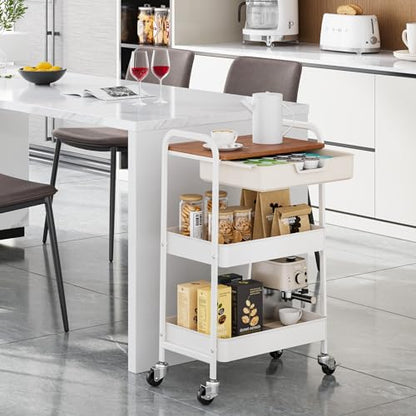 TOOLF 3 Tier Metal Utility Rolling Cart - White Storage Cart with Drawer and Wooden Table Top, Trolley Kitchen Organizer Rolling Desk with Locking Wheels for Office, Classroom, Home, Bedroom - color: White