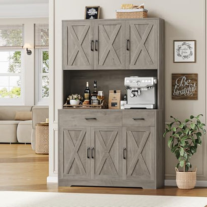 HOSTACK 71" Pantry Cabinet with Charging Station, Tall Kitchen Pantry Storage Cabinet with Microwave Stand, Farmhouse Kitchen Hutch with Storage Drawers for Living Room, Dining Room, Ash Grey - color: Ash Grey