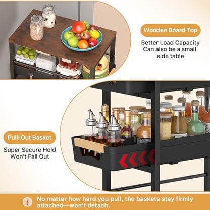 SUNALLY Slim Storage Cart with Pull-Out Baskets, 5-Tier Rolling Kitchen Cart with Wooden Top & Lockable Wheels, Narrow Space Utility Cart Organizer for Kitchen, Bathroom, Laundry Room, Black - color: Black