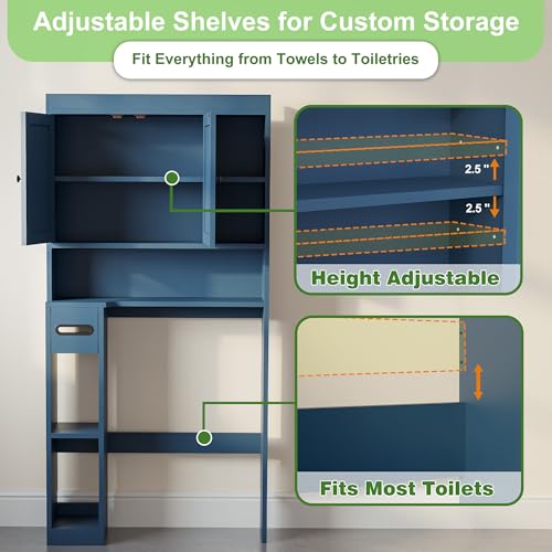 Over The Toilet Storage Cabinet with 7 Shelves, Imitation Walnut Grain Above Toilet Bathroom Organizer with Toilet Paper Holder Stand, Space Saver for Restroom, Laundry, Bathroom (Navy Blue) - color: Navy Blue