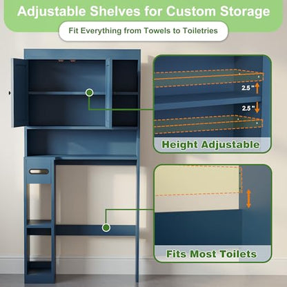Over The Toilet Storage Cabinet with 7 Shelves, Imitation Walnut Grain Above Toilet Bathroom Organizer with Toilet Paper Holder Stand, Space Saver for Restroom, Laundry, Bathroom (Navy Blue) - color: Navy Blue