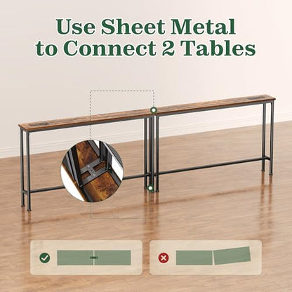 SUPERJARE 86.6 inch Narrow Console Table with Outlet, Sofa Tables, Behind Couch Table, Long Entryway Tables with Charging Station, for Living Room, Rustic Brown - color: Rustic Brown, size: 5.9''D x 86.6''W x 29.7''H