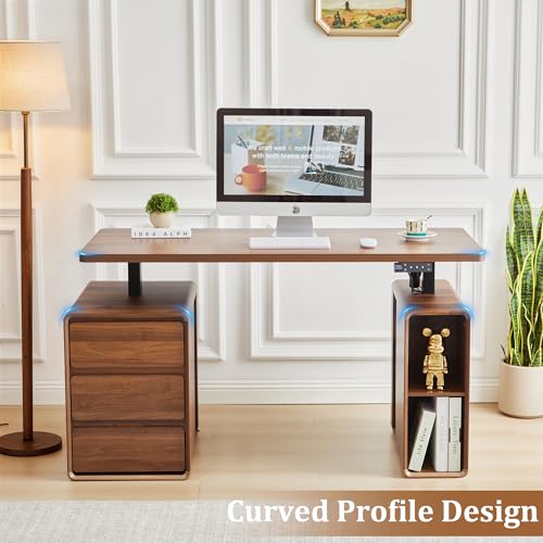 Electric Standing Desk with Drawers, 55" Office Desk Height Adjustable Executive Desk with Storage Shelves, Simple Setup Wood Desk Home Office Stand up Desk for Work, Study, Writing, Walnut - color: Walnut