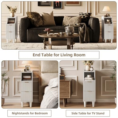 7.9" Narrow Fluted Nightstand Set of 2,Slim Side End Table with 2 Drawers,Black Modern Bedside Table,Skinny Night Stand for Small/Compact Space, Motorhome (White) - color: White