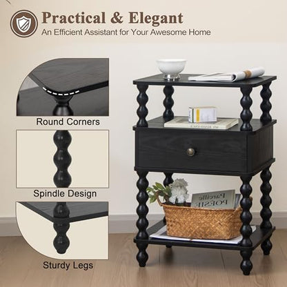 AWASEN Black Nightstand, Bed Side Table Bedroom with Drawer, 3-Tier Small Night Stand End Table with Storage for Small Spaces &Solid Wood Spindle Legs, Black - color: Black