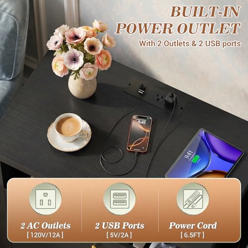 Aheaplus Nightstand with Charging Station, 23.6'' Large Bed Side Table with Wooden 2 Drawers, Night Stand for Bedroom, End Table with Open Storage Shelf for Living Room, Set of 2, Black - color: Black