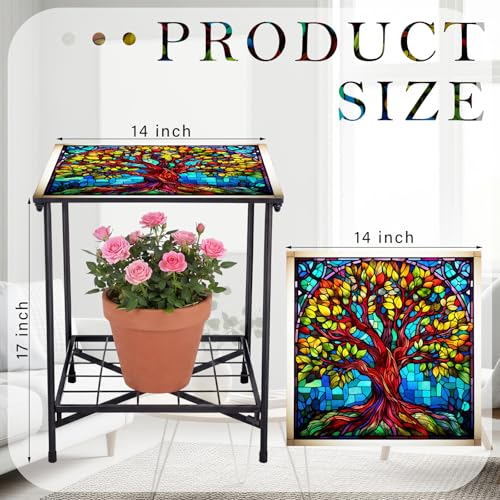 Cinnvoice Outdoor Side Table 2-Tier Storage Square Small Mosaic Patio Accent Indoor End Plant Coffee Tea Table for Yard Patio Porch Garden Living Room, Bedroom(Tree of Life Style) - style: Tree of Life Style