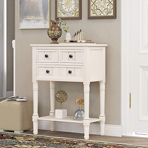 Knocbel Slim Antique Entry Console Table with Drawers & Bottom Open Shelf, Solid Wood Sofa Couch Table for Entryway Hallway Living Room (Ivory White) - color: Ivory White